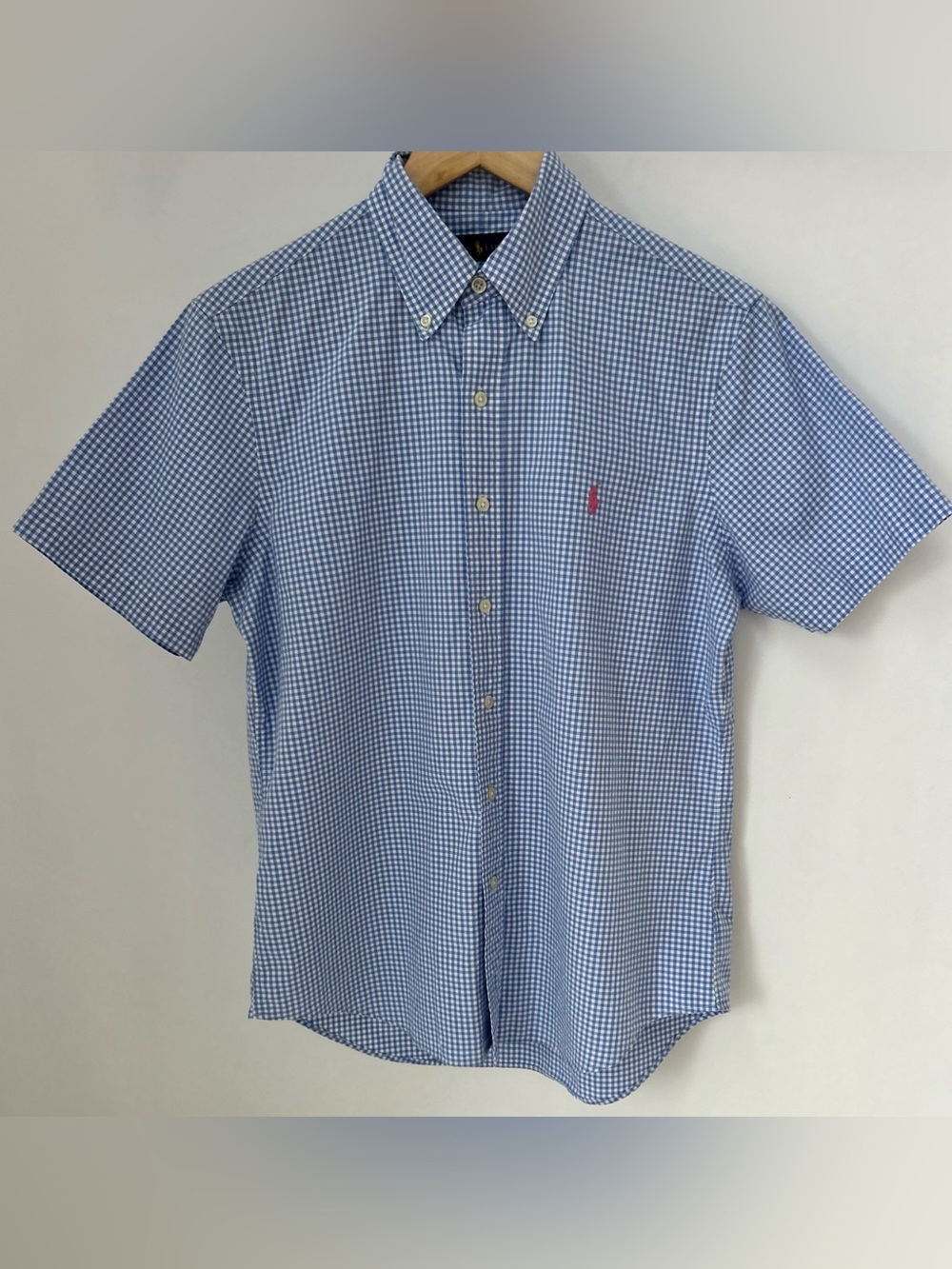 Ralph Lauren Men’s S Blue Gingham Short Sleeve Button Down Shirt 21x28